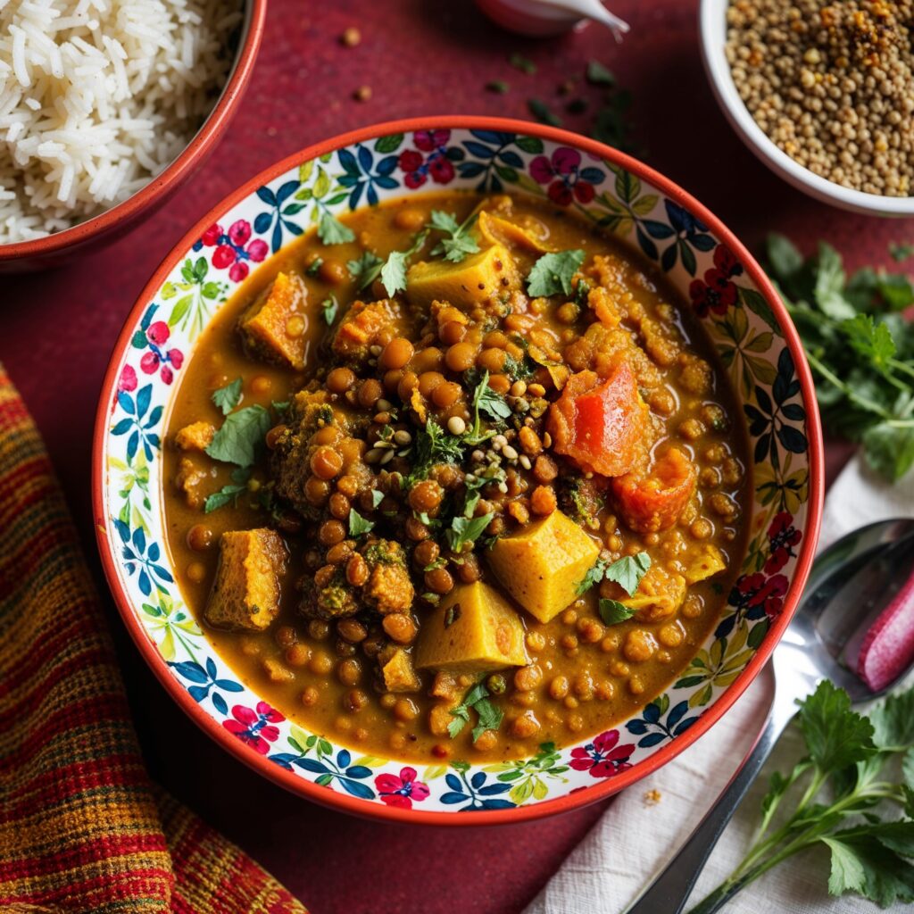 Dhal (India): A flavorful dish made with red lentils, turmeric, garlic, tomatoes, cumin, and mustard seeds.