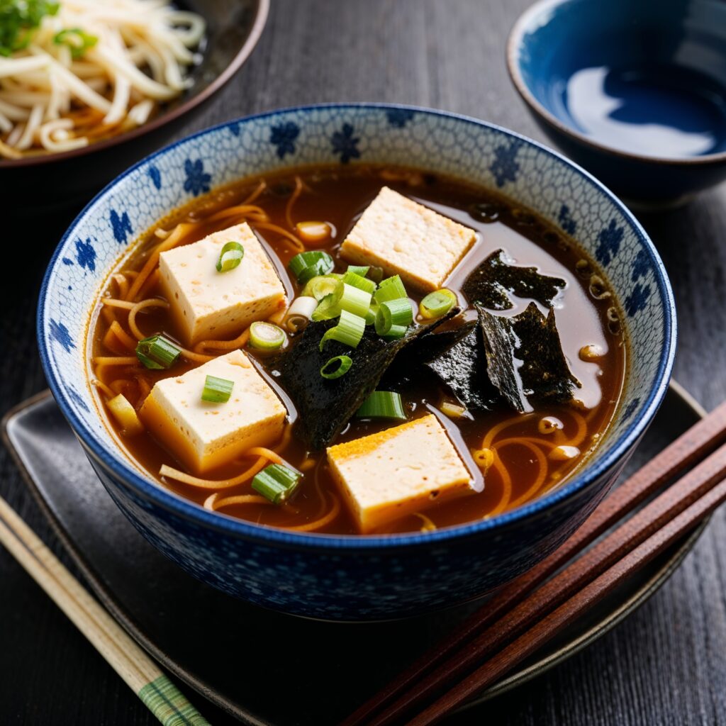 Japanese Miso Soup: A nourishing soup made with tofu, miso paste, seaweed, and scallions, promoting Plant-Based Diets in Children.