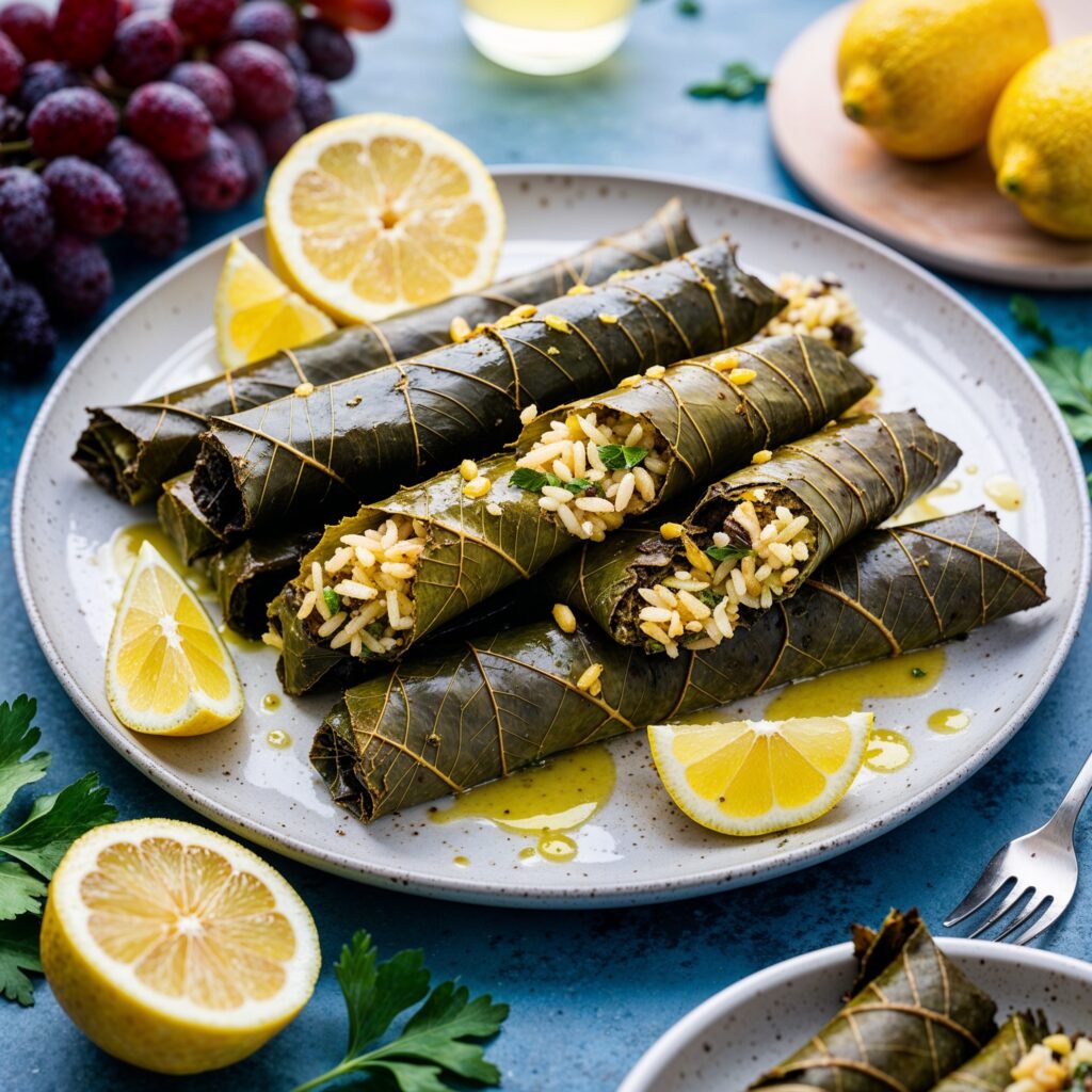 Greek Stuffed Grape Leaves: Flavorful rice and pine nut-filled grape leaves, drizzled with lemon juice, supporting Plant-Based Diets in Children.