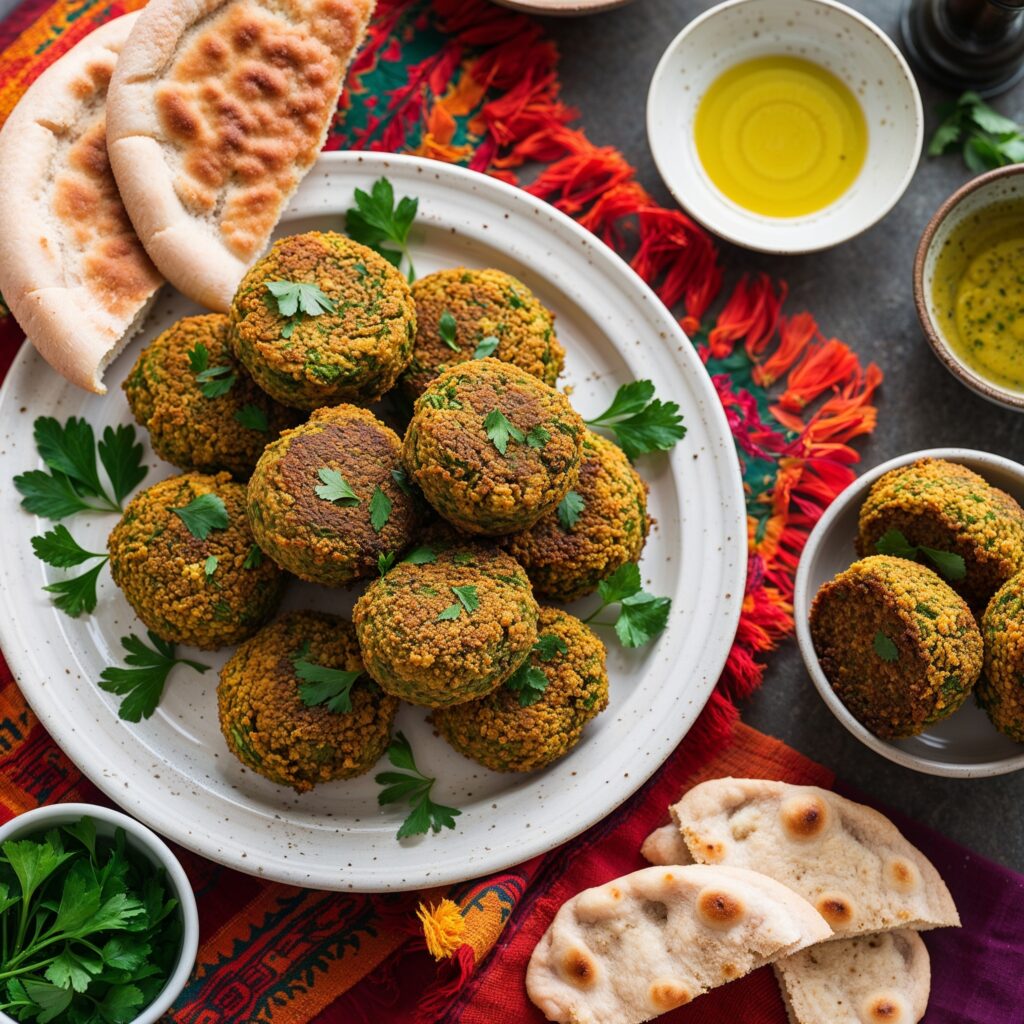 Middle Eastern Falafel: Crispy chickpea falafel balls served with pita, perfect for Plant-Based Diets in Children, rich in nutrients and flavor.