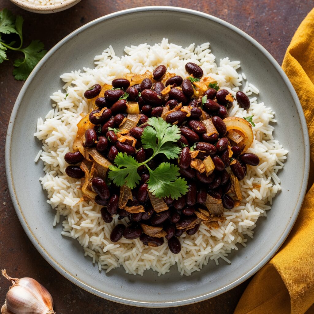 Brazilian Rice and Beans: A nutritious, plant-based dish perfect for Plant-Based Diets in Children, served with cilantro for added flavor.