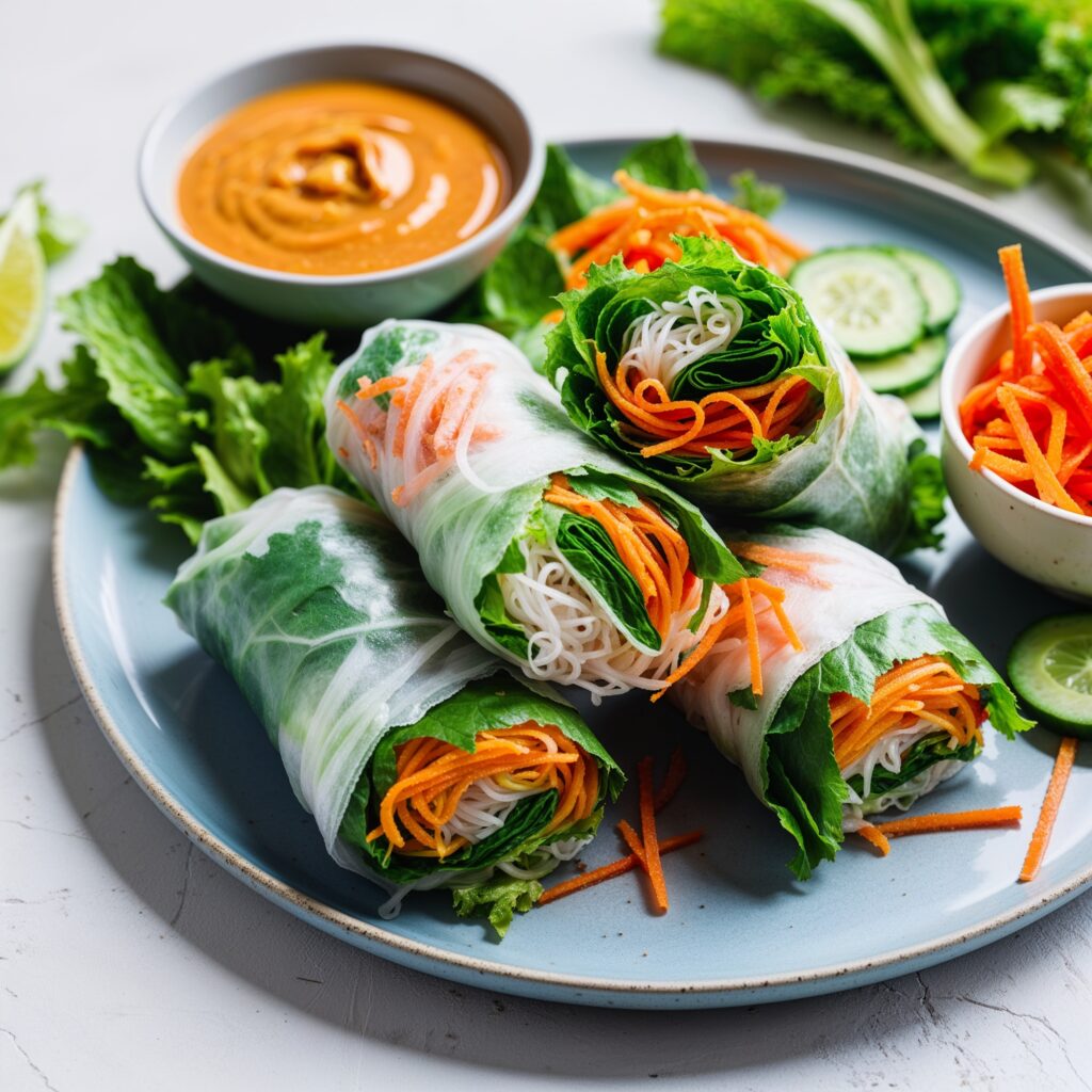 Vietnamese Fresh Spring Rolls: A healthy, colorful snack perfect for Plant-Based Diets in Children, served with peanut dipping sauce.