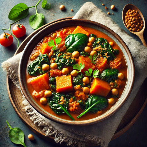 A high-quality image of African Peanut Stew, featuring a bowl of vibrant sweet potatoes, spinach, and tomatoes simmered in a rich peanut butter sauce. The stew is topped with fresh herbs, giving it a hearty and wholesome appearance, perfect for children following plant-based diets.