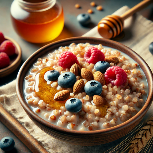 A warm and inviting bowl of Russian Buckwheat Porridge topped with honey and fresh berries. This wholesome dish is perfect for plant-based diets in children, featuring buckwheat cooked in almond milk and garnished with a vibrant mix of berries.